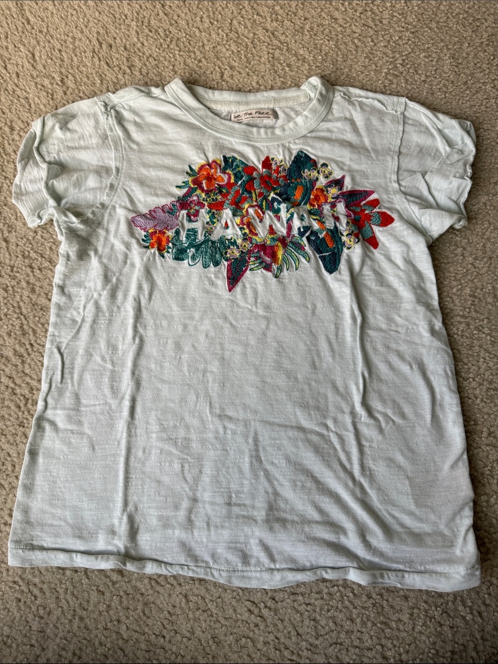 We The Free White/Light Blue-ish Tee with Colorful Floral Hawaii Graphic